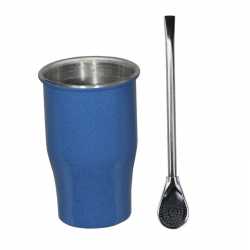 CAIXA com 6 Copos Simples Alumínio 335ml Sem Tampa + Bomba Metal Polida – Azul Pigmentado GAS-0086