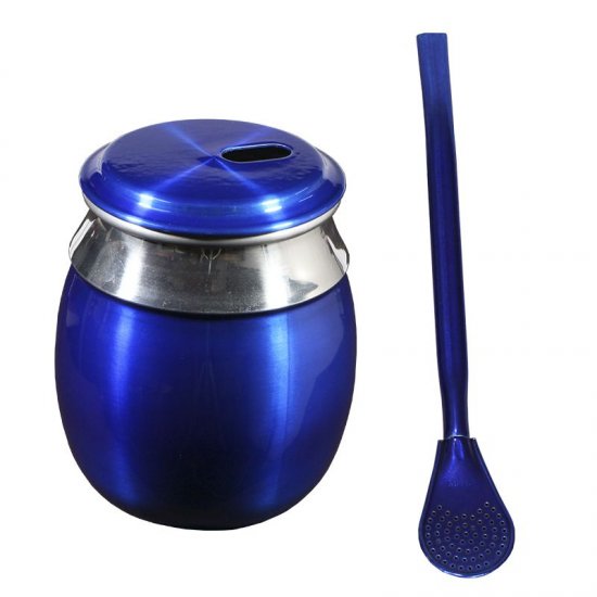 Copo Térmico Alumínio 300ml Coco + Bomba COLOR para Tereré – Azul Verniz GAS-1690