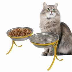 Comedouro Alto Duplo para Gatos em Inox – Amarelo GAS-1859