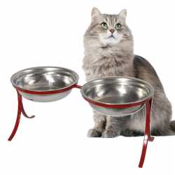 Comedouro Alto Duplo para Gatos em Inox – Vermelho GAS-1860